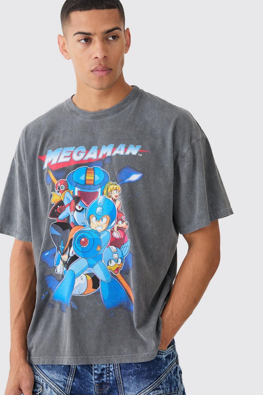 Camiseta oversize con lavado a la piedra de Megaman, Charcoal