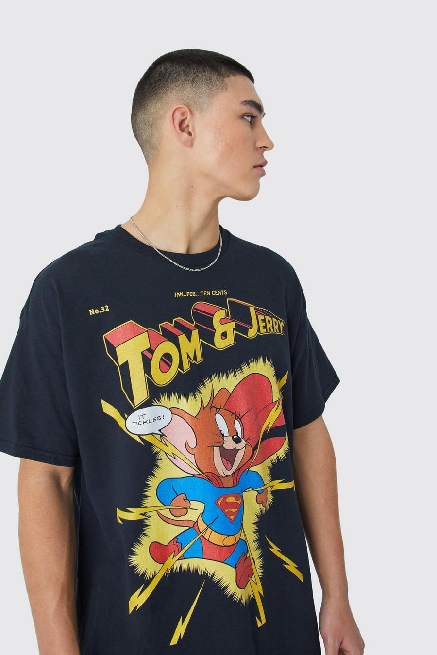 Black Oversized Tom And Jerry Hero License T-shirt image number 1