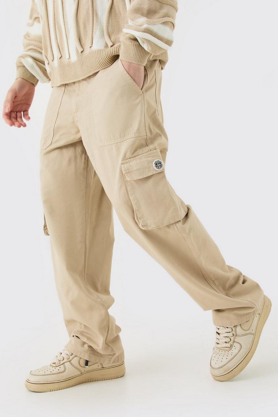 Pantaloni Cargo a vita fissa con zip ed etichetta in gomma, Stone