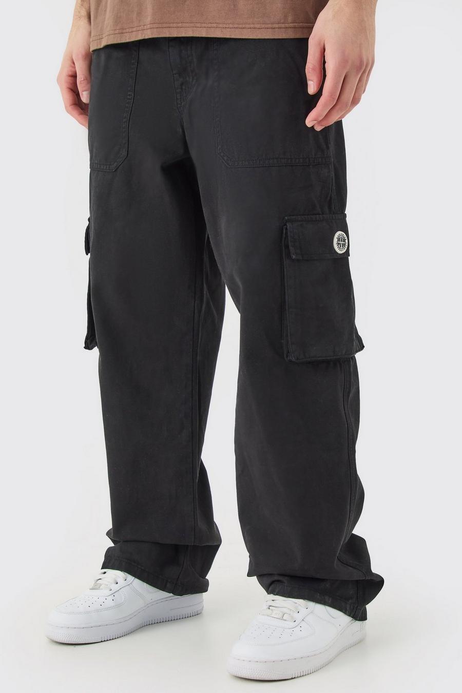 Pantaloni Cargo a vita fissa con zip ed etichetta in gomma, Black