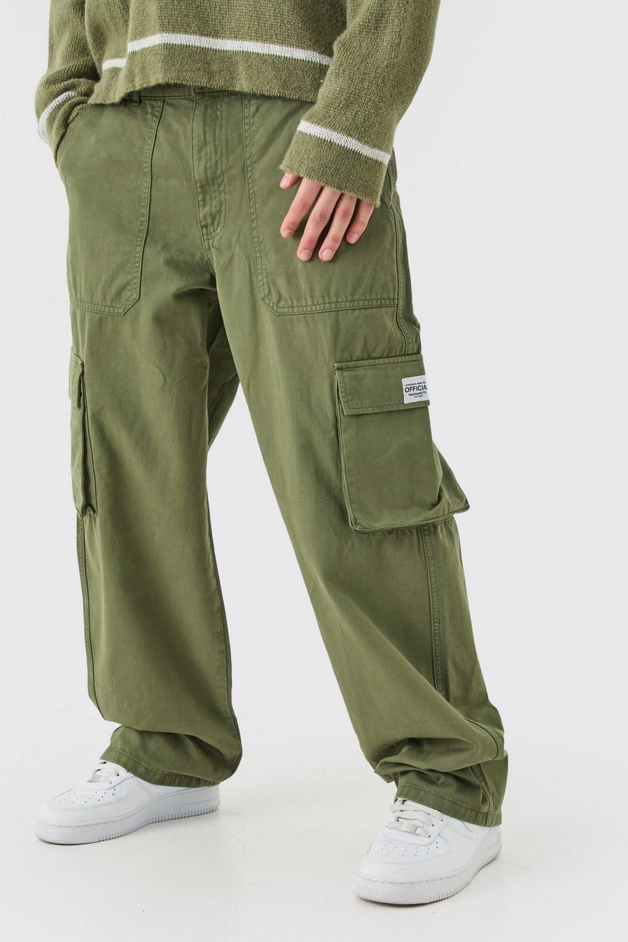 Pantaloni Cargo con vita fissa, zip ed etichetta in tessuto, Khaki