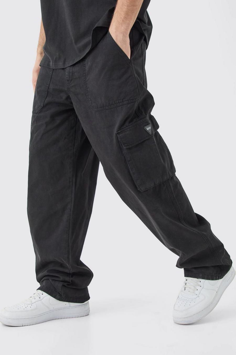 Pantalón cargo con cintura fija, cremallera y etiqueta de goma, Black
