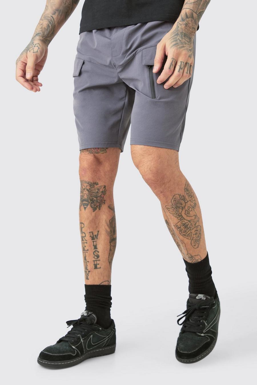Charcoal Tall Elasticated Waist Relaxed Lightweight Stretch Cargo Zip Short image number 1