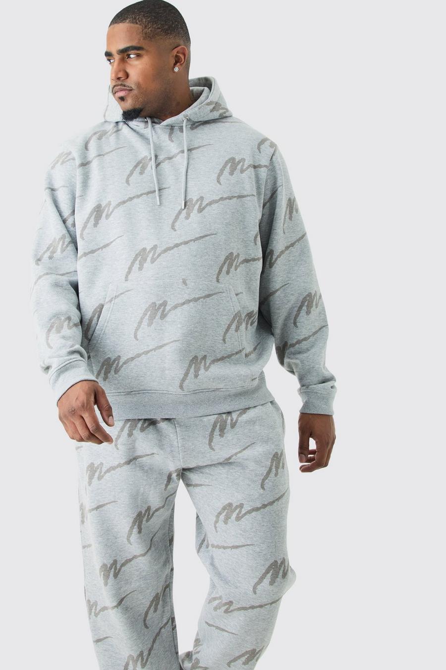 Grey marl Plus Man Signature All Over Print Hoodie Tracksuit