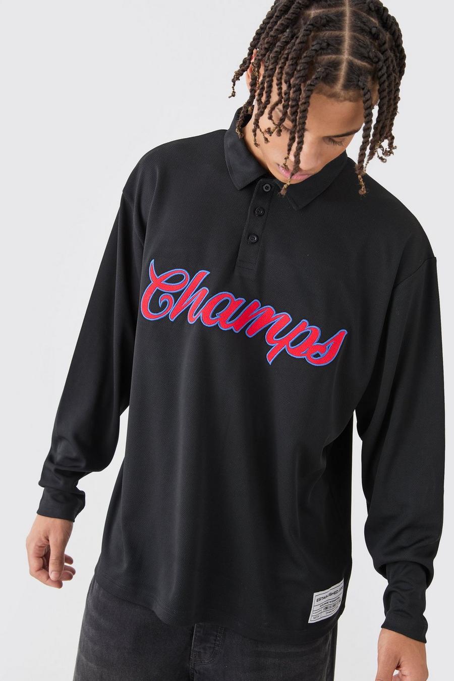 Black Oversized Champs Varsity Mesh Rugby Polo image number 1