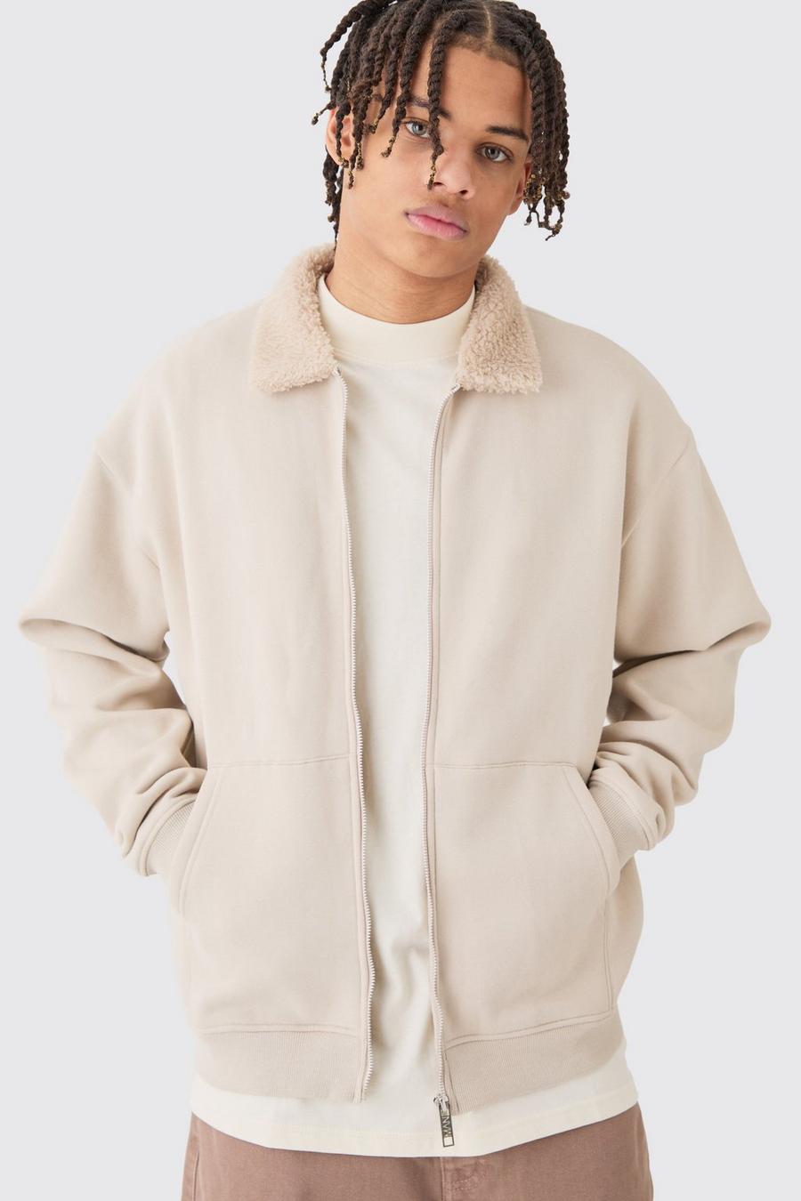 Taupe Oversized Jersey Borg Collar Bomber image number 1