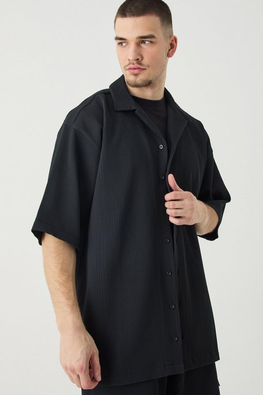 Black Tall Oversized Geplooid Overhemd Met Korte Mouwen En Revers Kraag image number 1