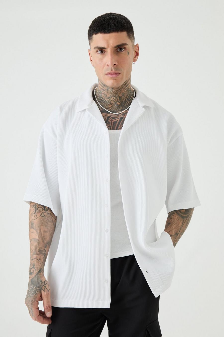 White Tall Short Sleeve Oversized Revere Pleated Shirt