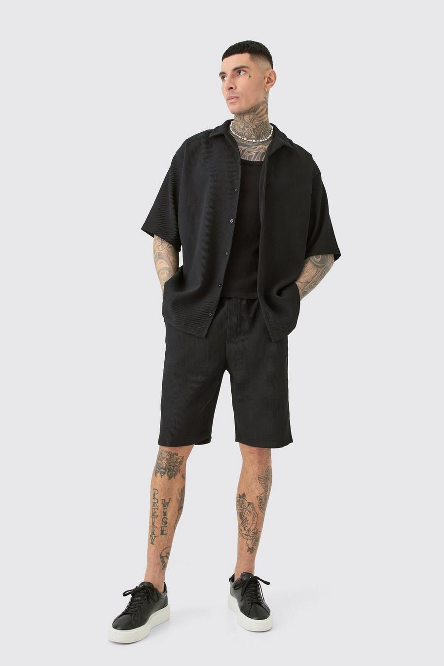 Black Tall Oversized Short Sleeve Pleated Shirt & Short Set
