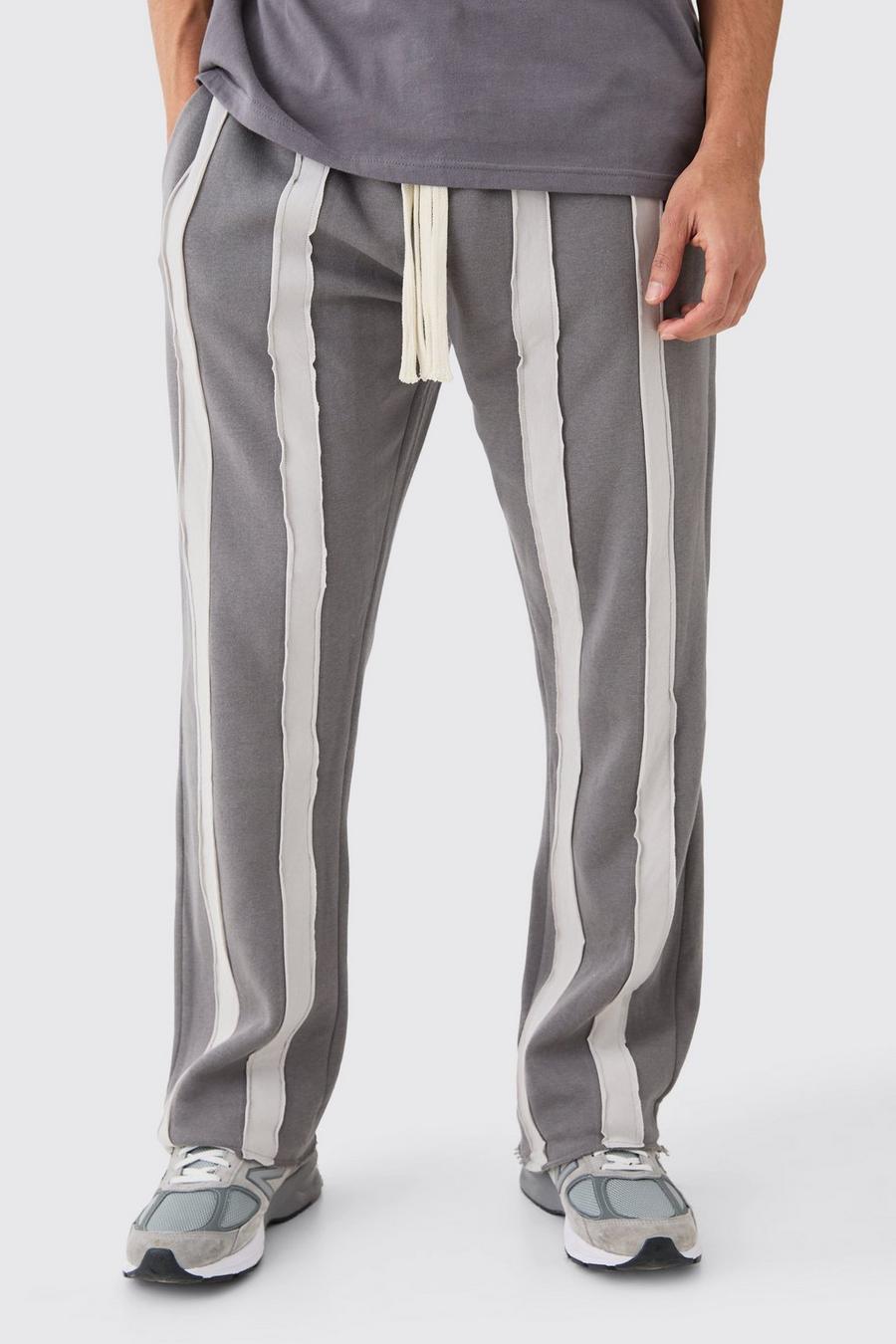 Pantaloni tuta rilassati a righe Cut & Sew con fondo grezzo, Charcoal