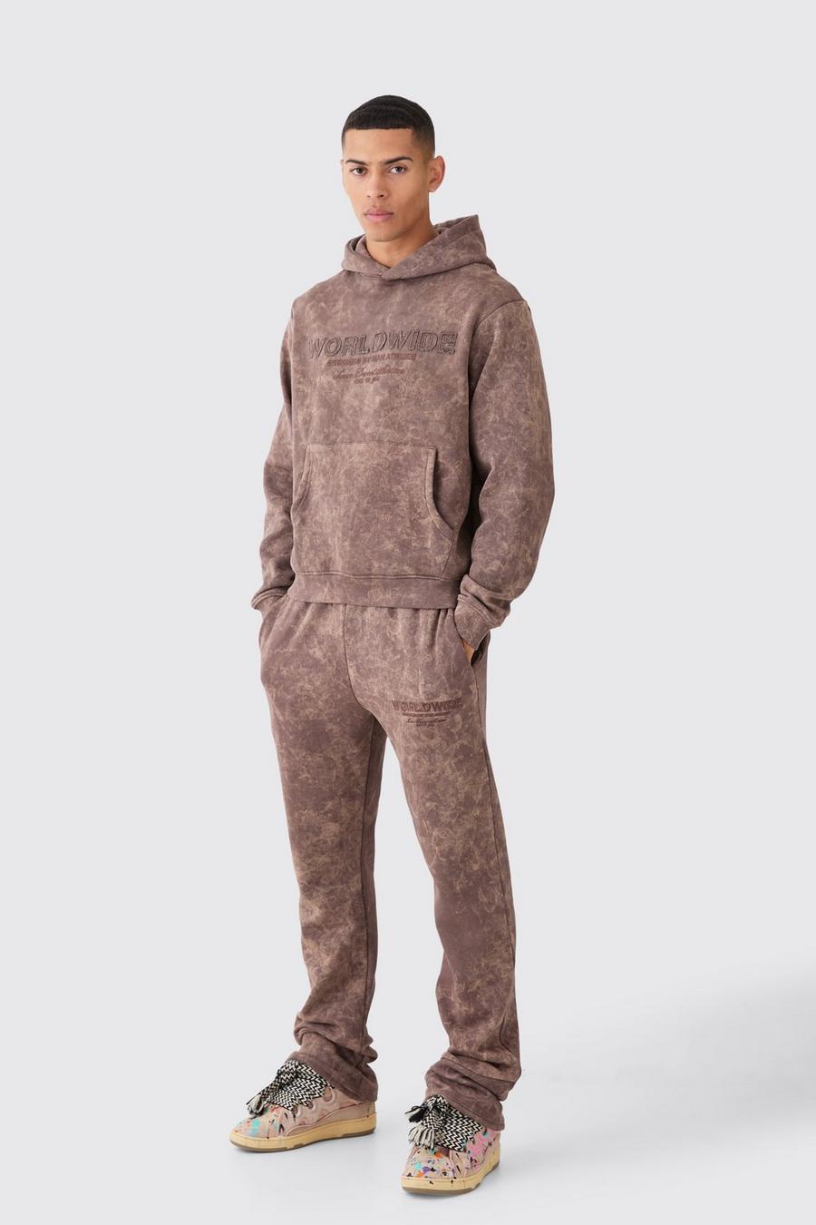 Chocolate Boxy Distressed Applique Washed Stacked Tracksuit