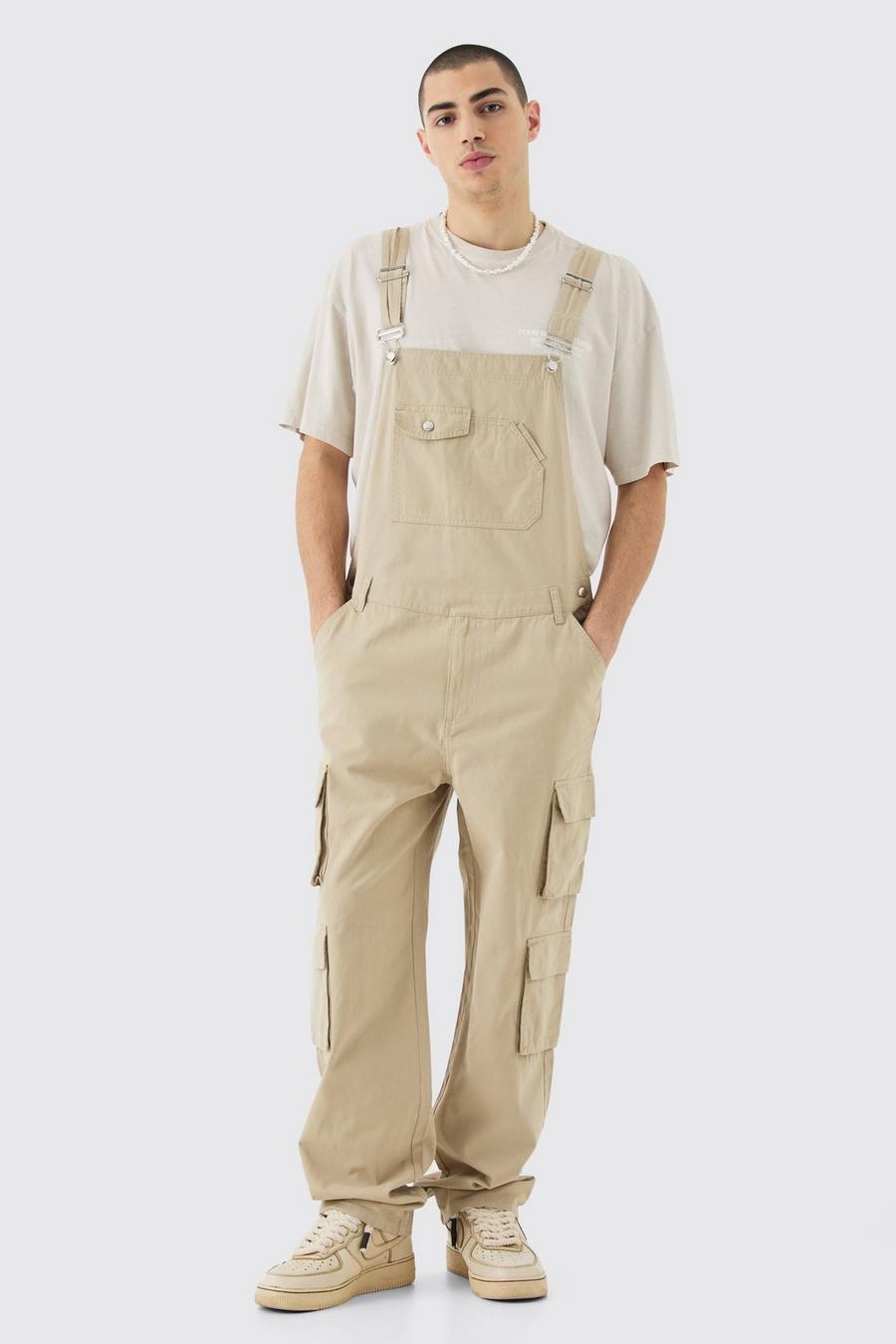 Stone Washed Twill Multi Cargo Pocket Relaxed Fit Dungarees