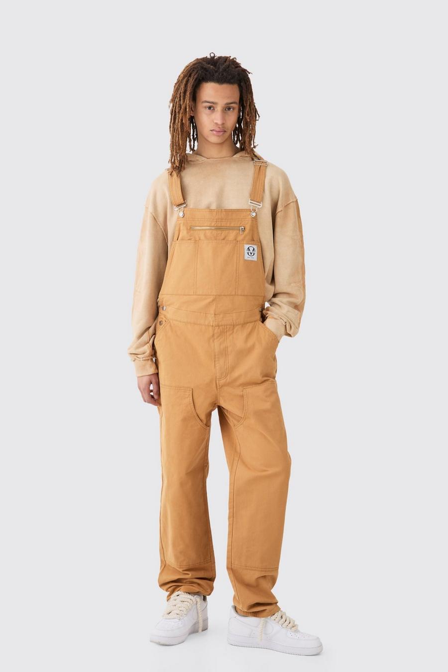 Tan Washed Twill Branded Zip Carpenter Relaxed Fit Dungarees