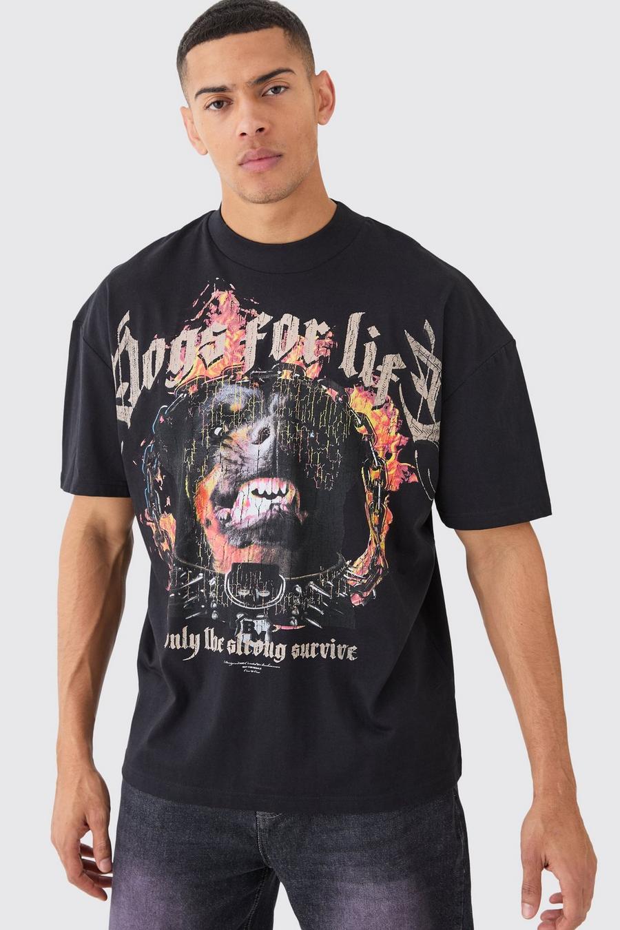 Camiseta oversize gruesa rota con estampado gráfico de perro, Black