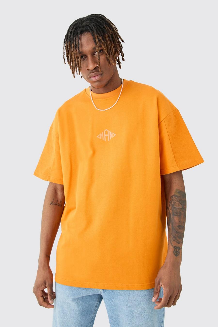 Orange Tall Oversized Silicone Print Panelled T-shirt