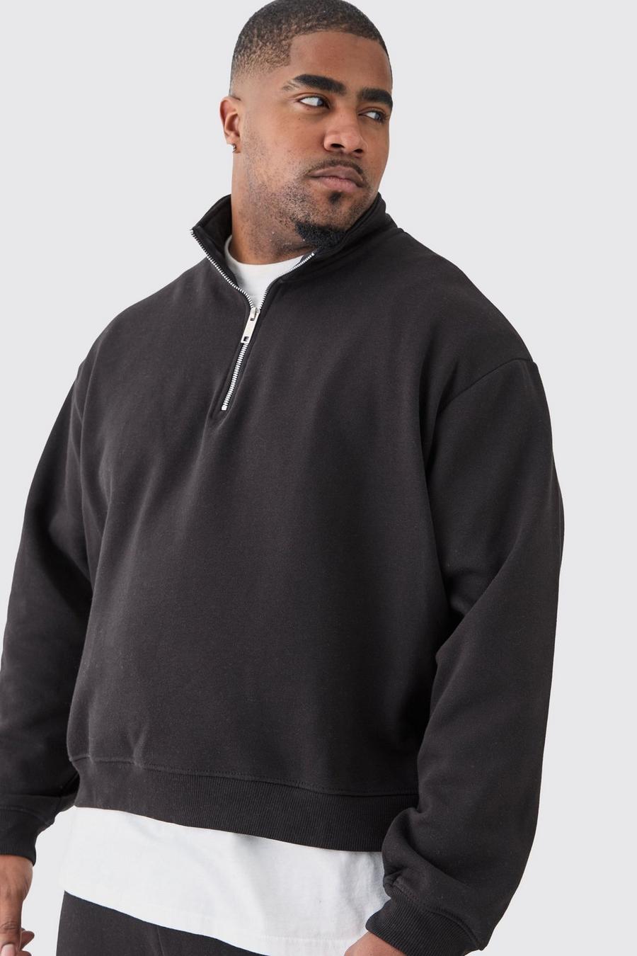 Plus kastiger Oversize Sweatshirt-Trainingsanzug mit 1/4 Reißverschluss, Black