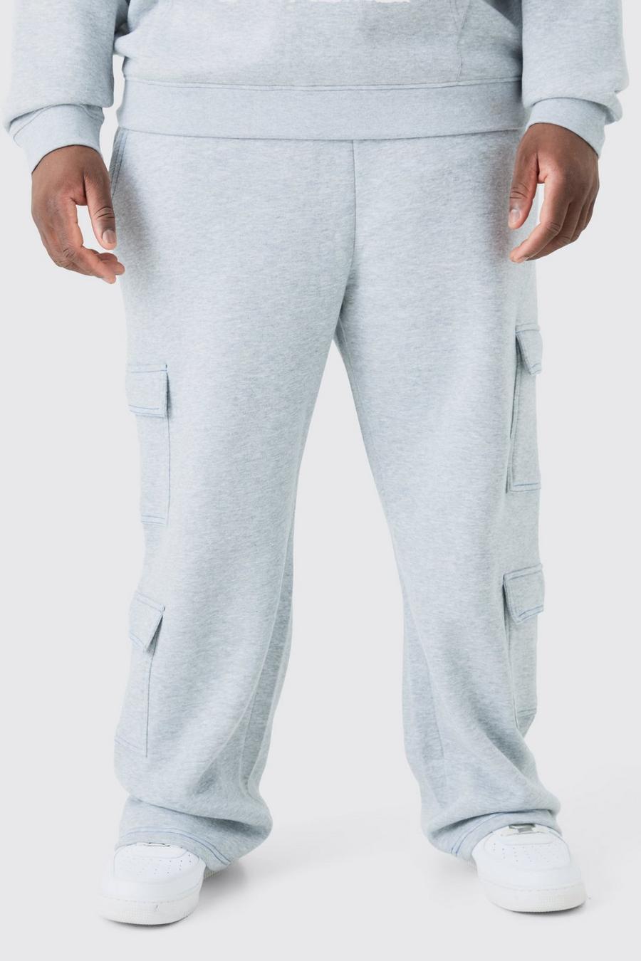 Pantaloni tuta Cargo Plus Size dritti con cuciture, Grey marl