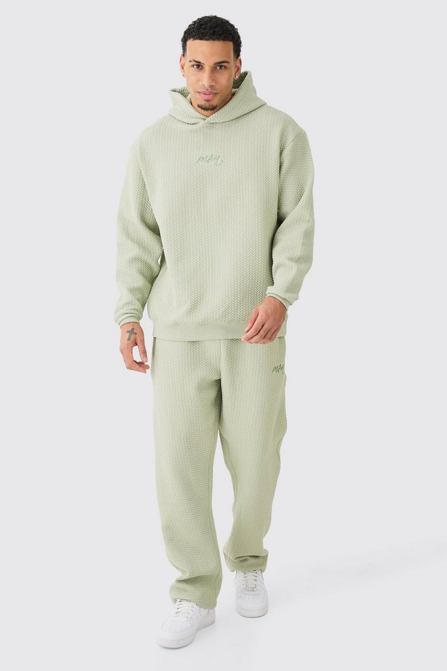 Sage Quilted Herringbone Oversized Man Embroidered Hooded Tracksuit