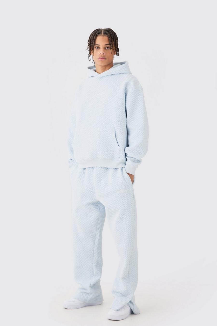 Light blue Oversized Boxy Jacquard Quilted Embroided Hooded Tracksuit