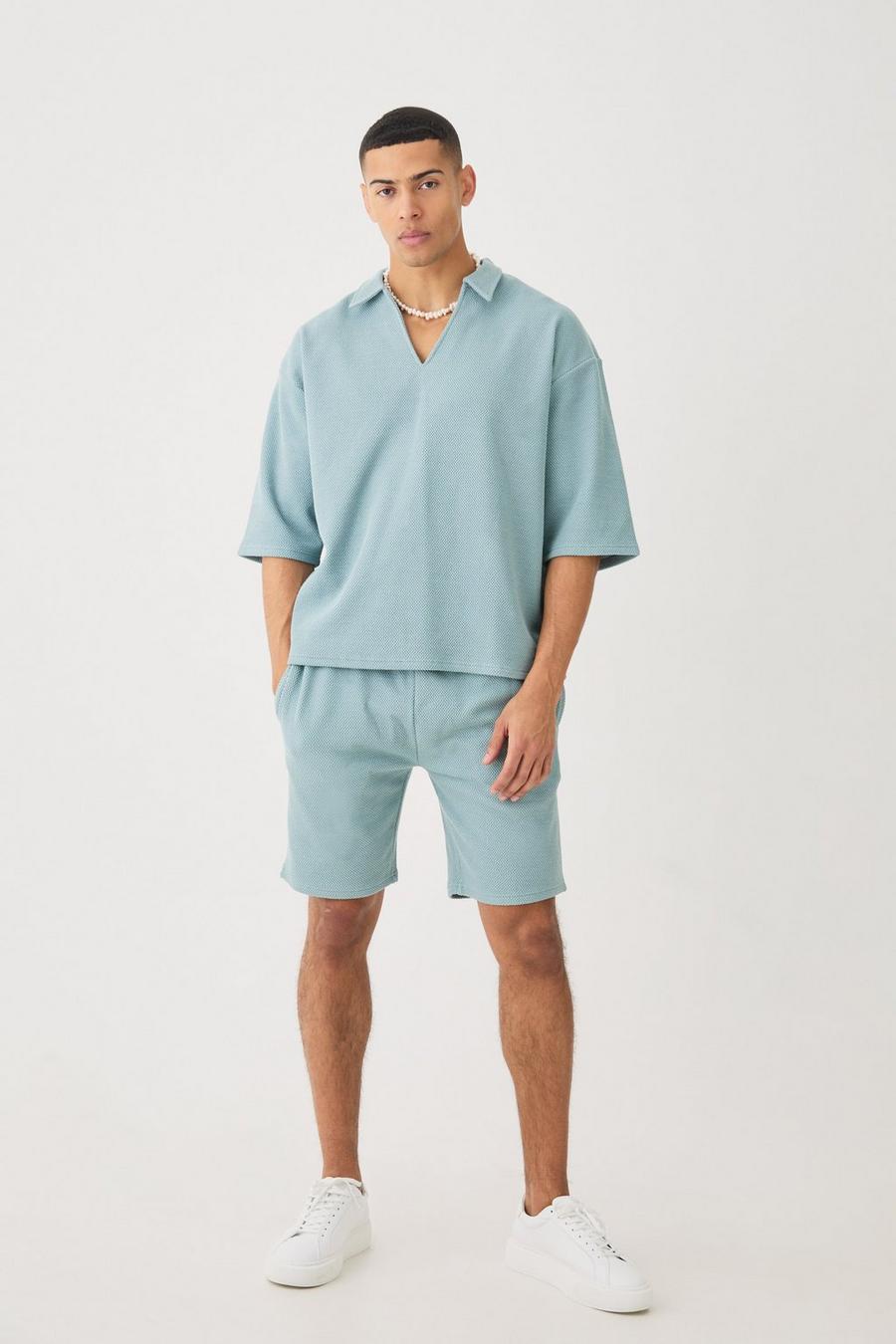 Slate blue Oversized Boxy Half Sleeve V Neck Polo And Short Set