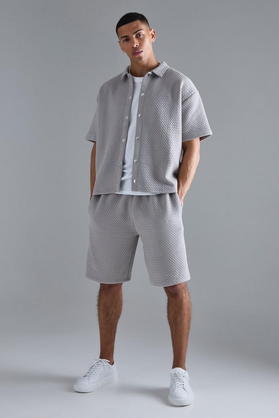 Grey Oversized Boxy Embroidered Polo And Short Set image number 1