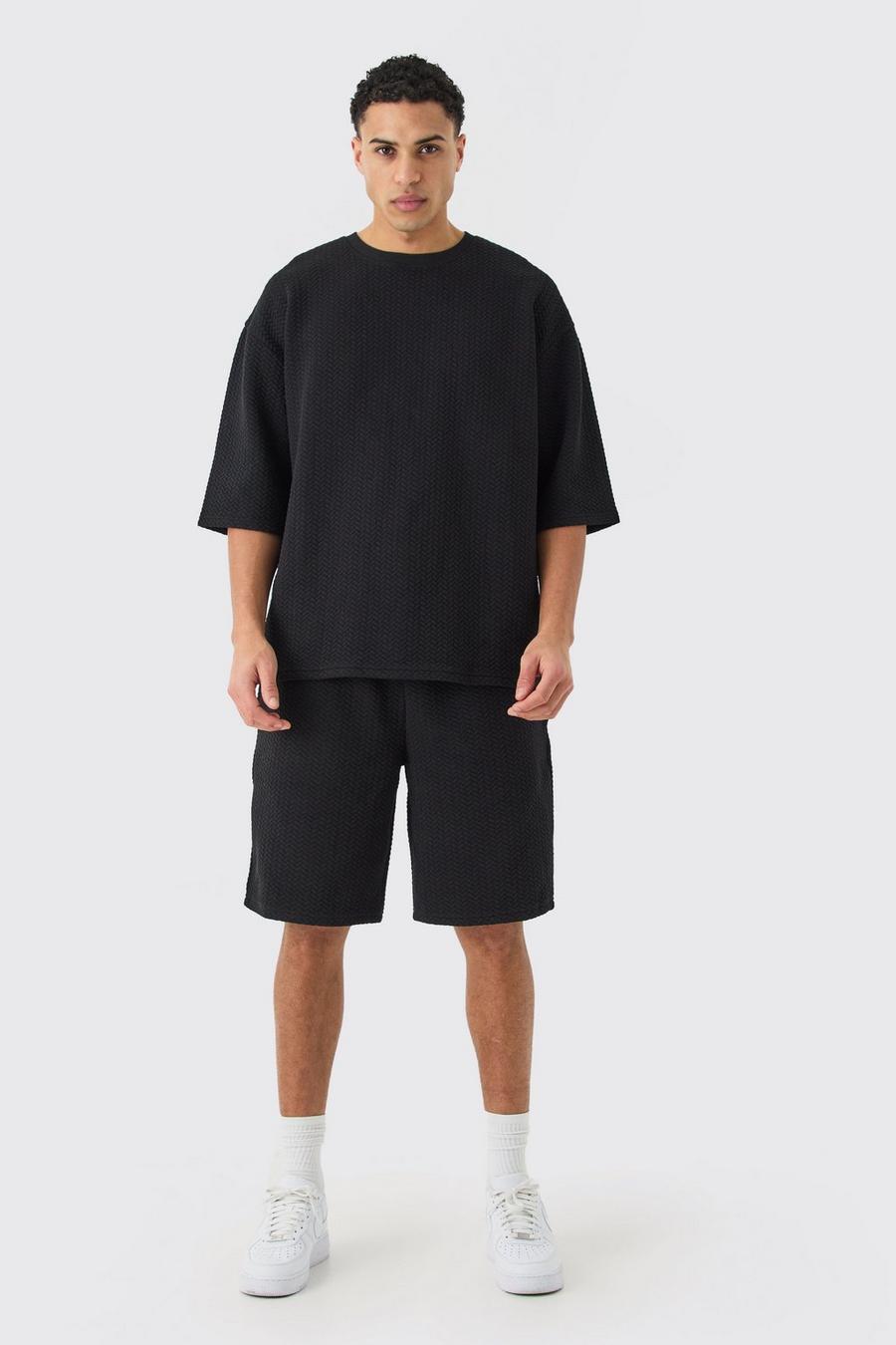 Gestepptes Oversize T-Shirt und Shorts mit Fischgräten-Print, Black