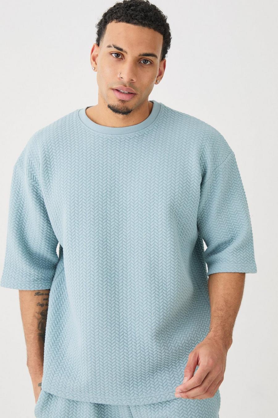 Slate blue MAN Oversize quiltad t-shirt med fiskbensmönster image number 1