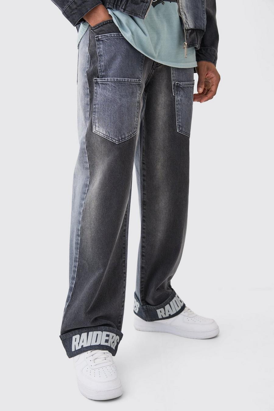 Jeans NFL Raiders extra comodi in denim rigido effetto patchwork con tasche multiple, Charcoal