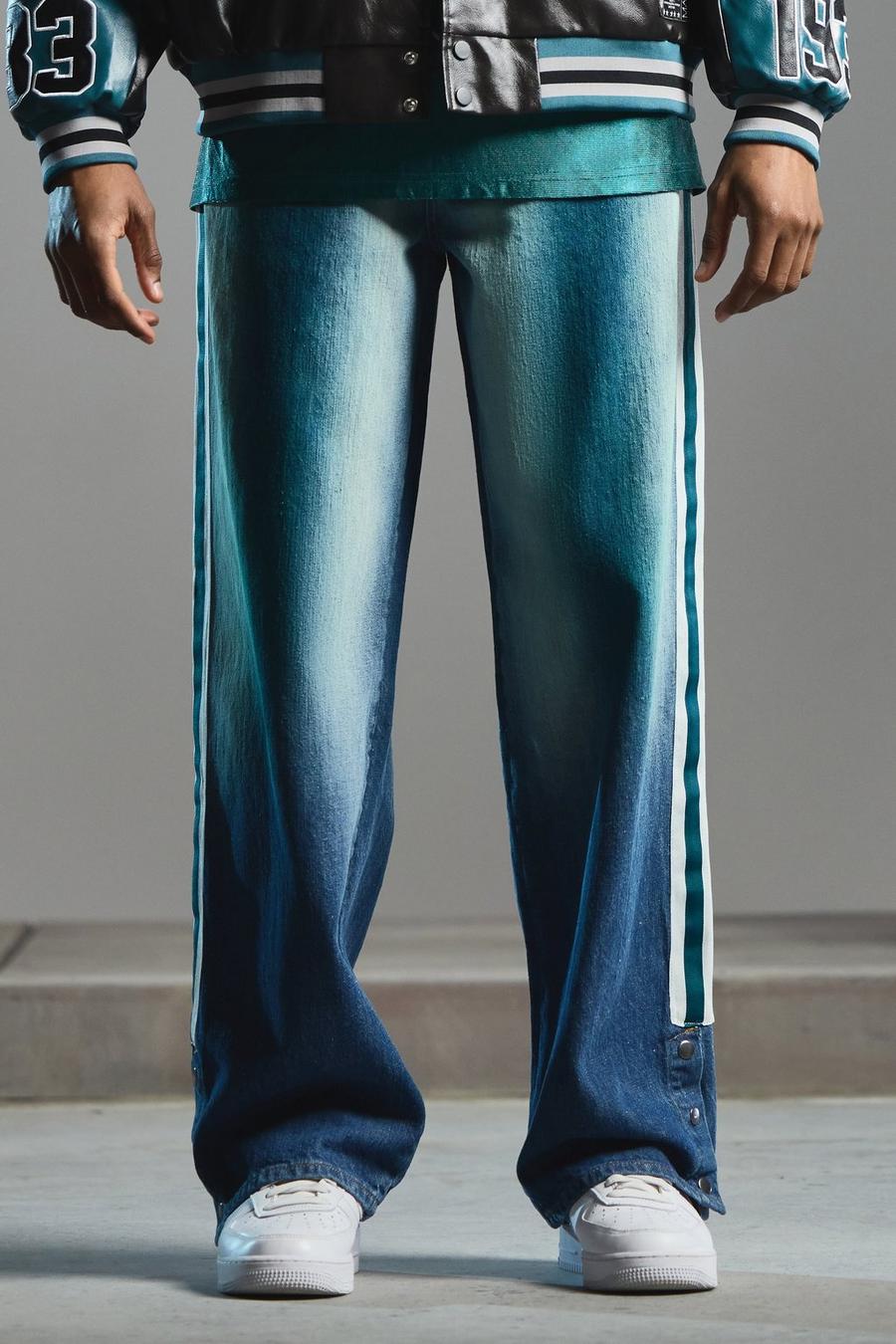 Jeans NFL extra comodi in denim rigido con bottoni a pressione e fondo colorato, Antique blue