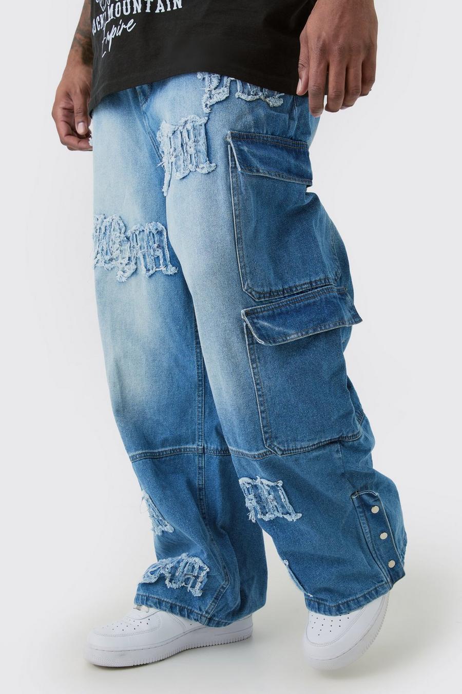 Jeans Plus Size extra comodi in denim rigido con applique BM e tasche Cargo, Light blue