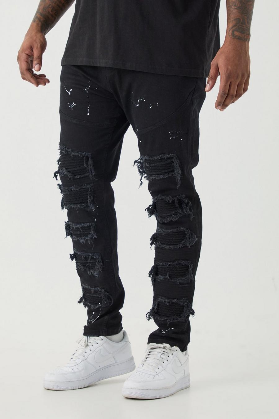 True black Plus Super Skinny Pu Biker Rip & Repair Paint Splatter Jeans