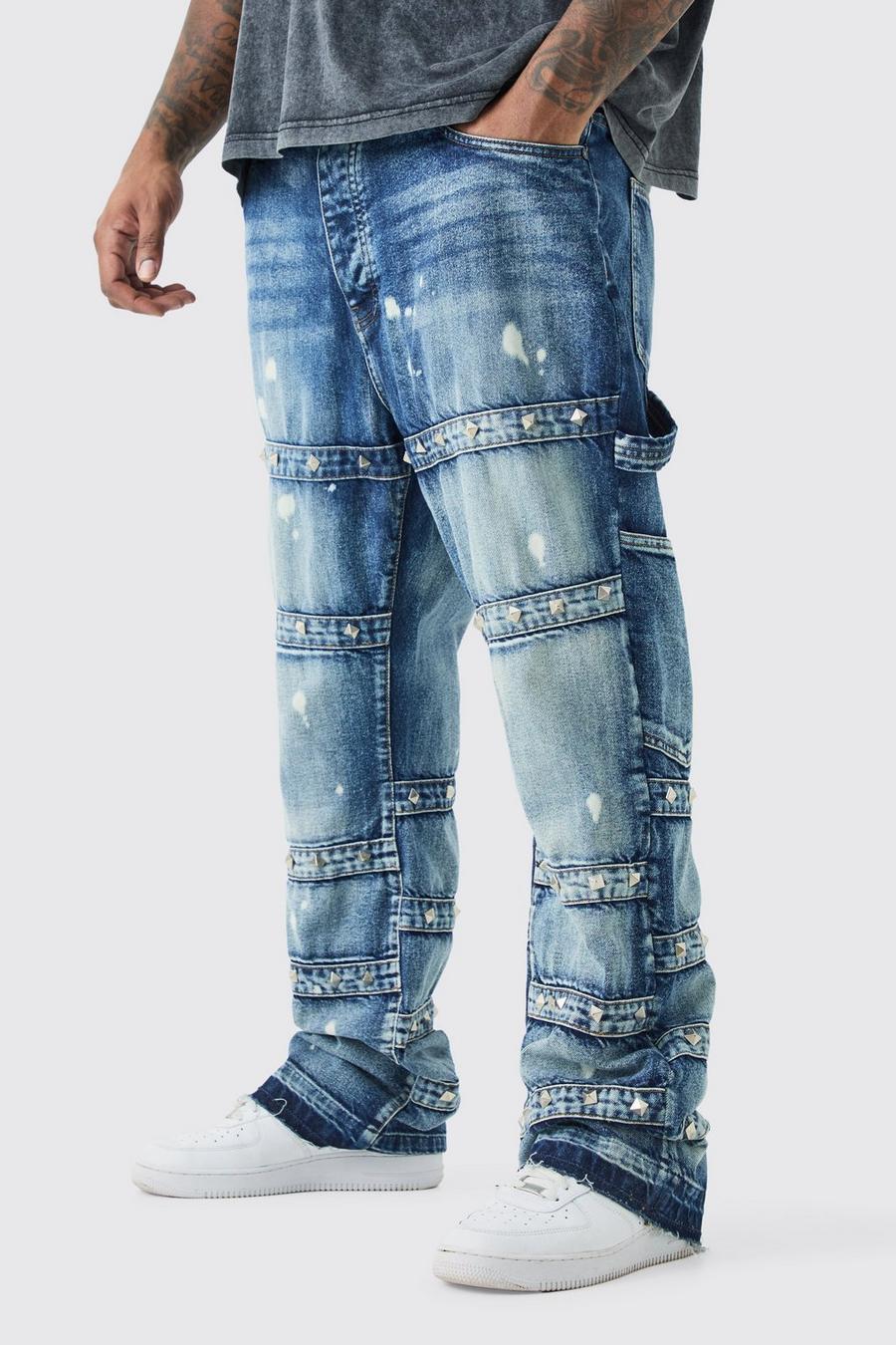 Jeans Plus Size Slim Fit in denim rigido con spalline decorate e dettagli a zampa, Antique blue
