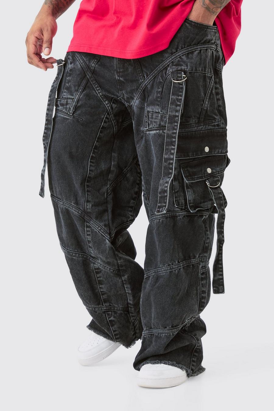 Grande taille - Jean baggy à bretelles et boucles, Washed black image number 1