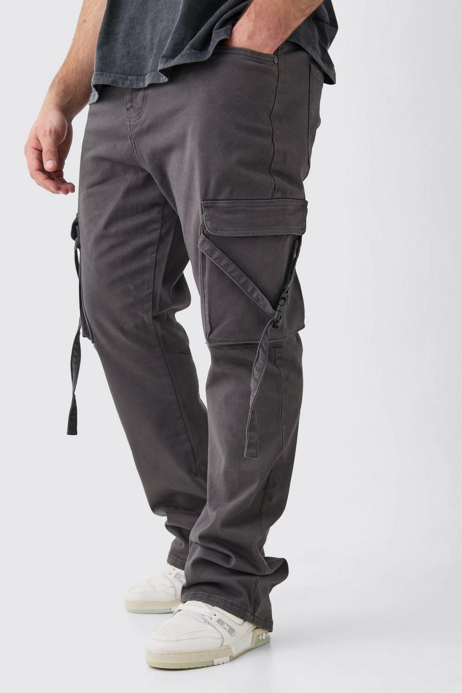 Pantaloni Cargo Plus Size Slim Fit con vita fissa, pieghe sul fondo e spalline svasate, Charcoal