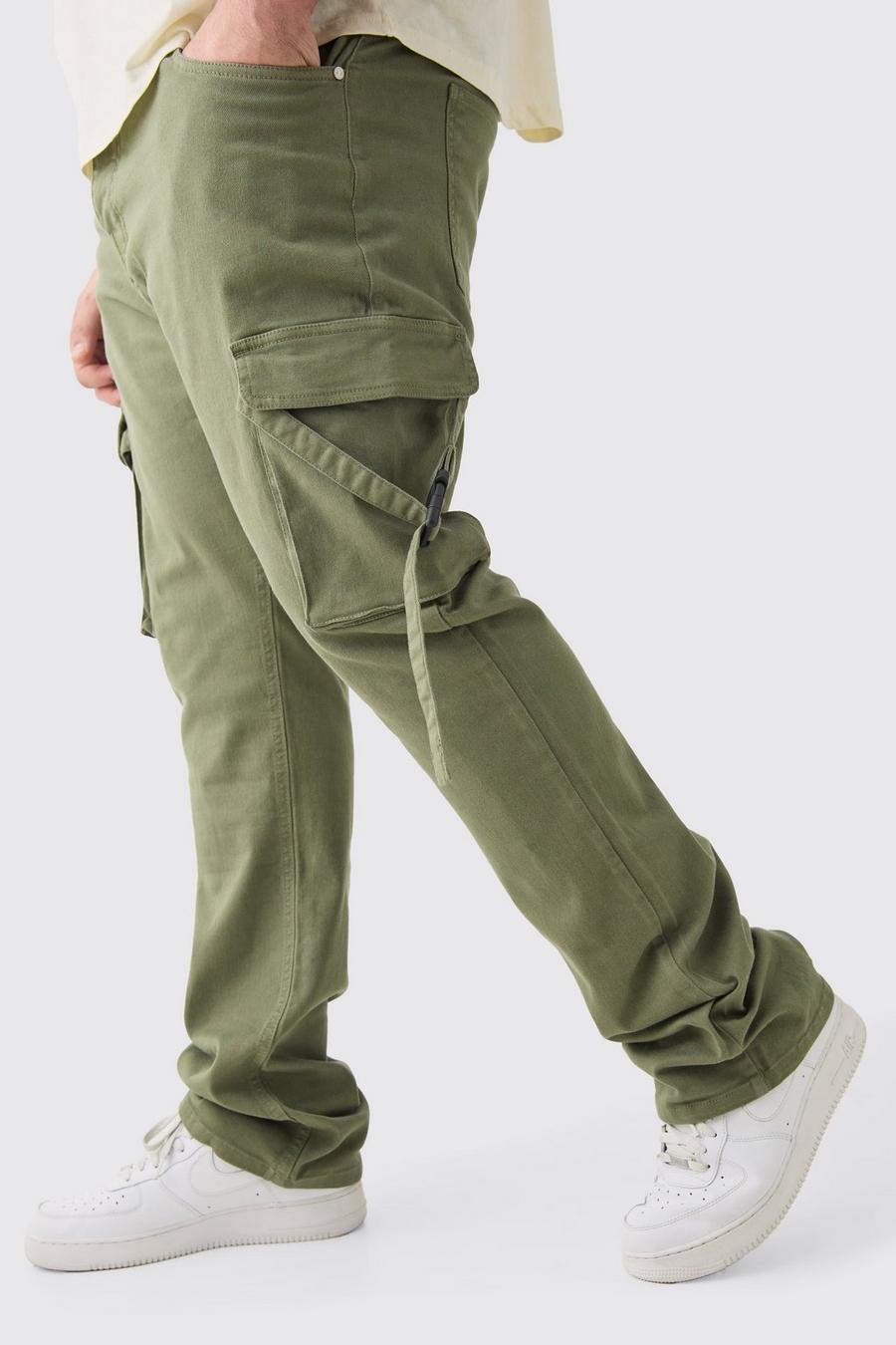 Pantaloni Cargo Plus Size Slim Fit con vita fissa, pieghe sul fondo e spalline svasate, Olive