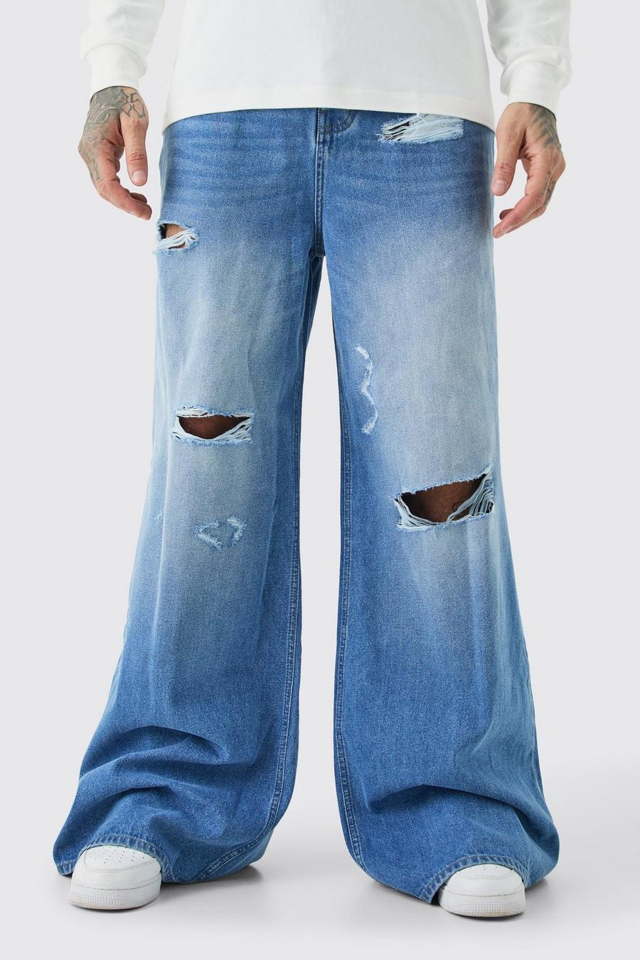 Light blue Tall Extreme Baggy Frayed Self Fabric Applique Jeans