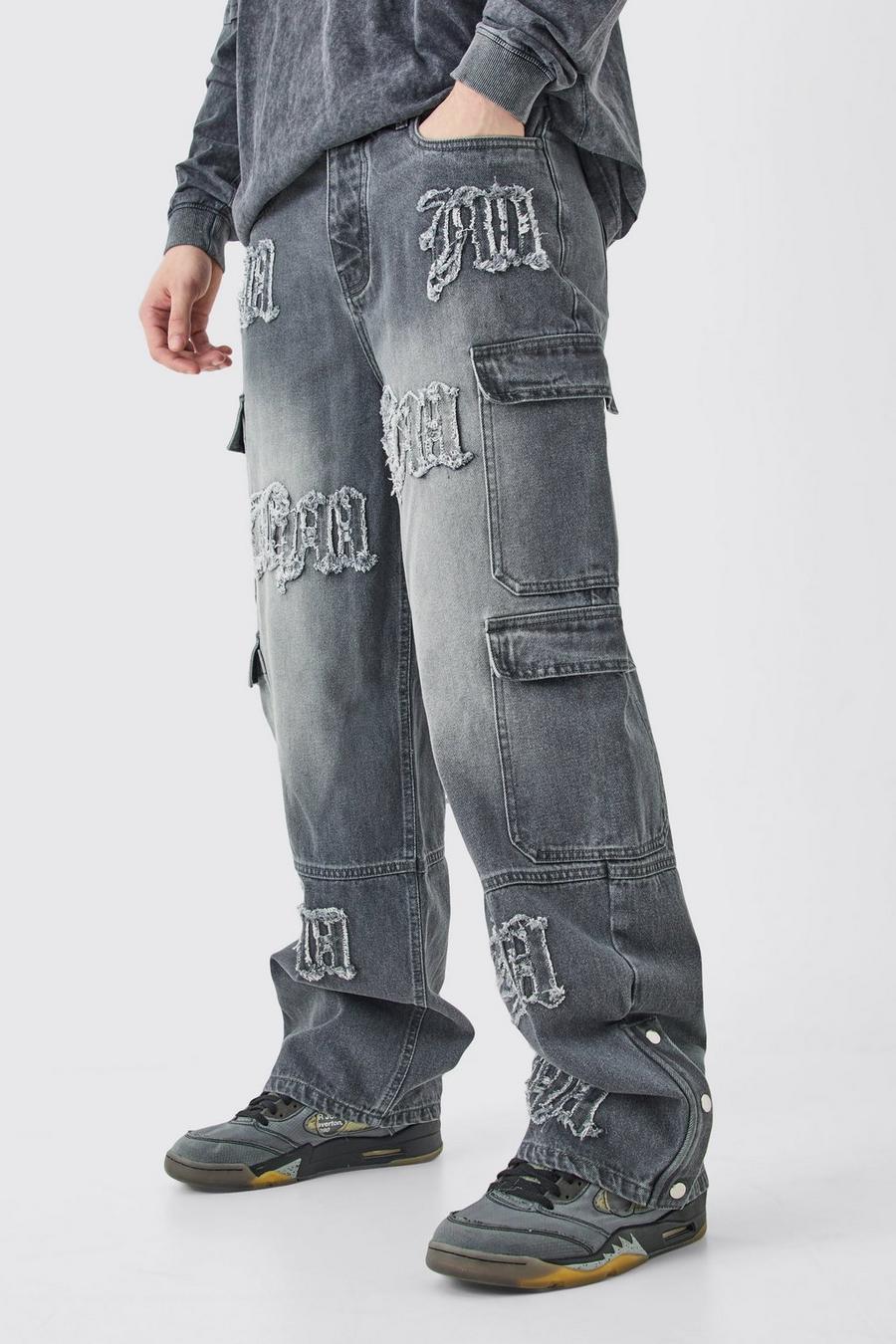 Tall Baggy Rigid Bm Applique Multi Pocket Cargo Jeans, Grey