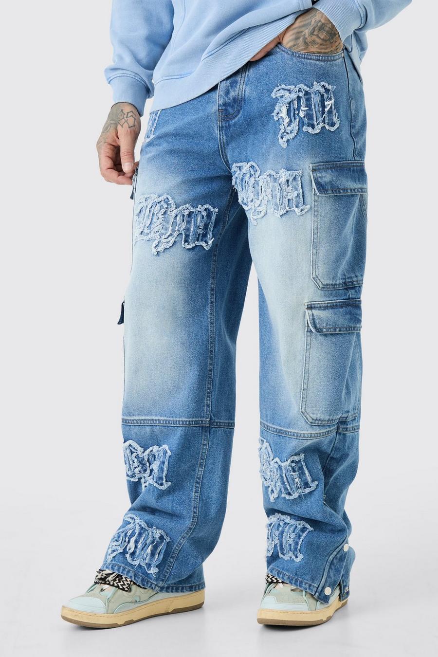Jeans Tall extra comodi in denim rigido con applique BM e tasche Cargo, Light blue