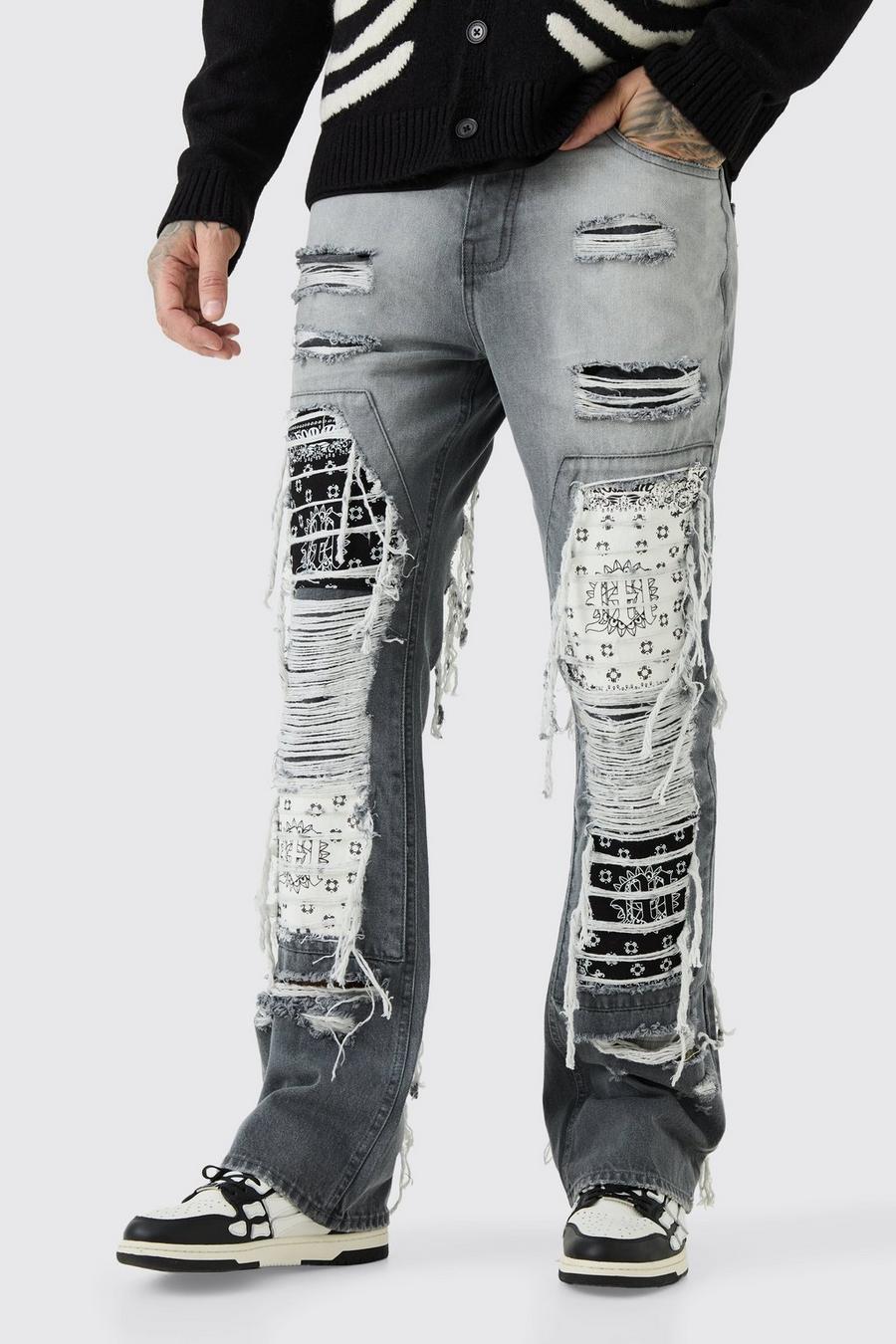 Grey Tall Slim Rigid Flare Rip & Repair Applique Jeans