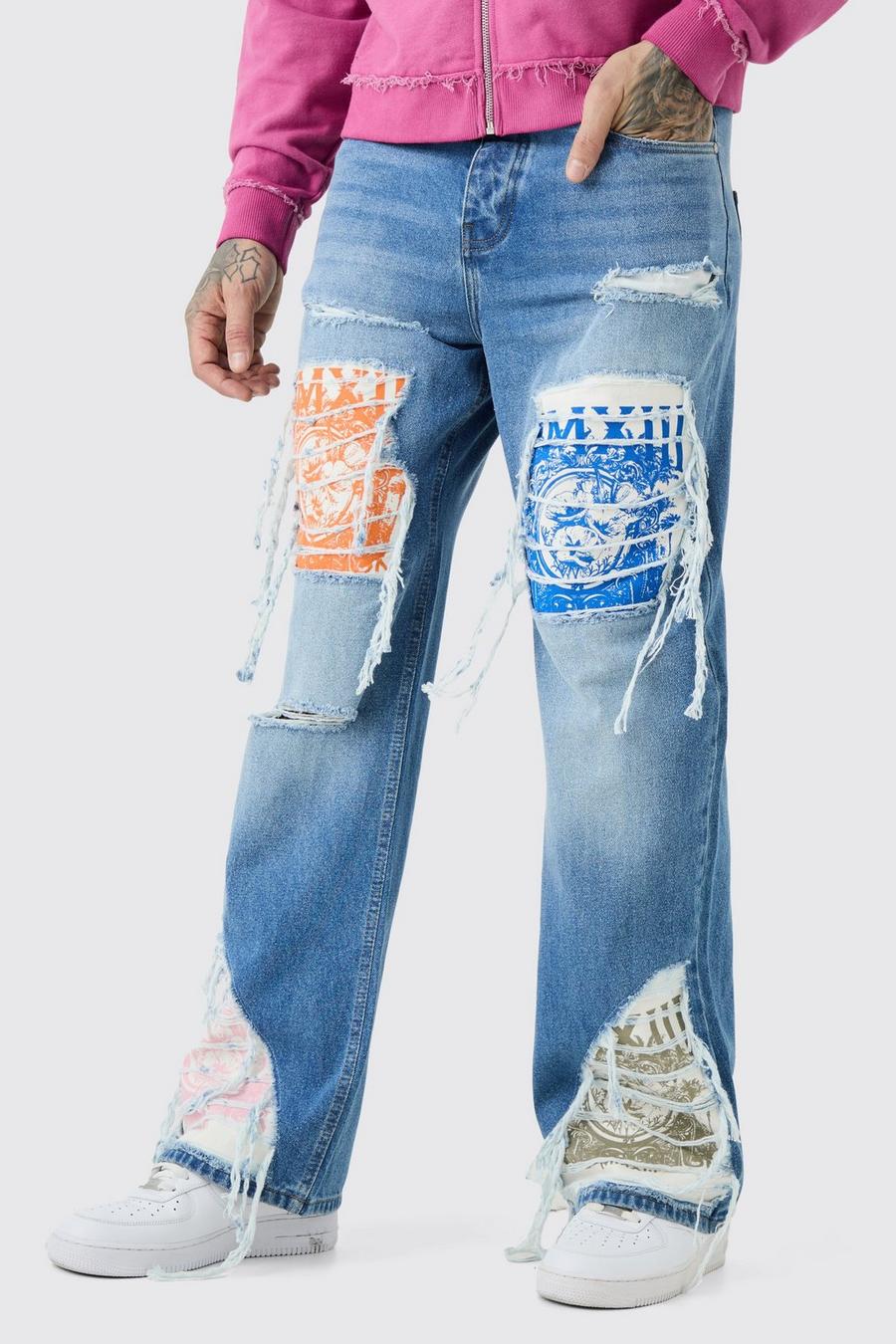 Jeans a zampa Tall rilassati in denim rigido con applique e strappi & rattoppi, Light blue