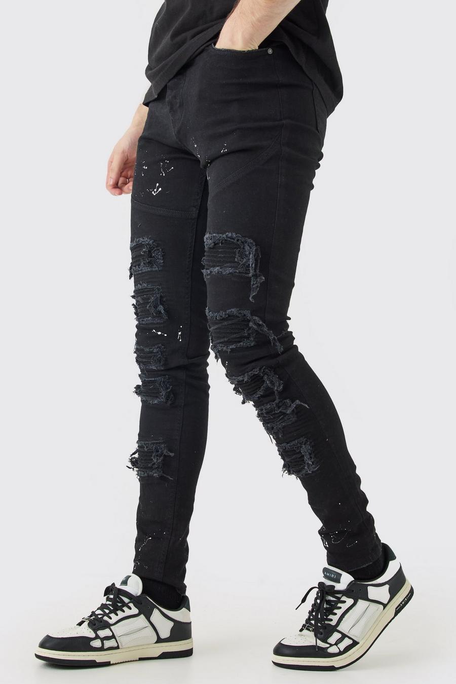 Jeans Tall stile Biker Super Skinny Fit in PU con strappi & rattoppi e schizzi di colore, True black