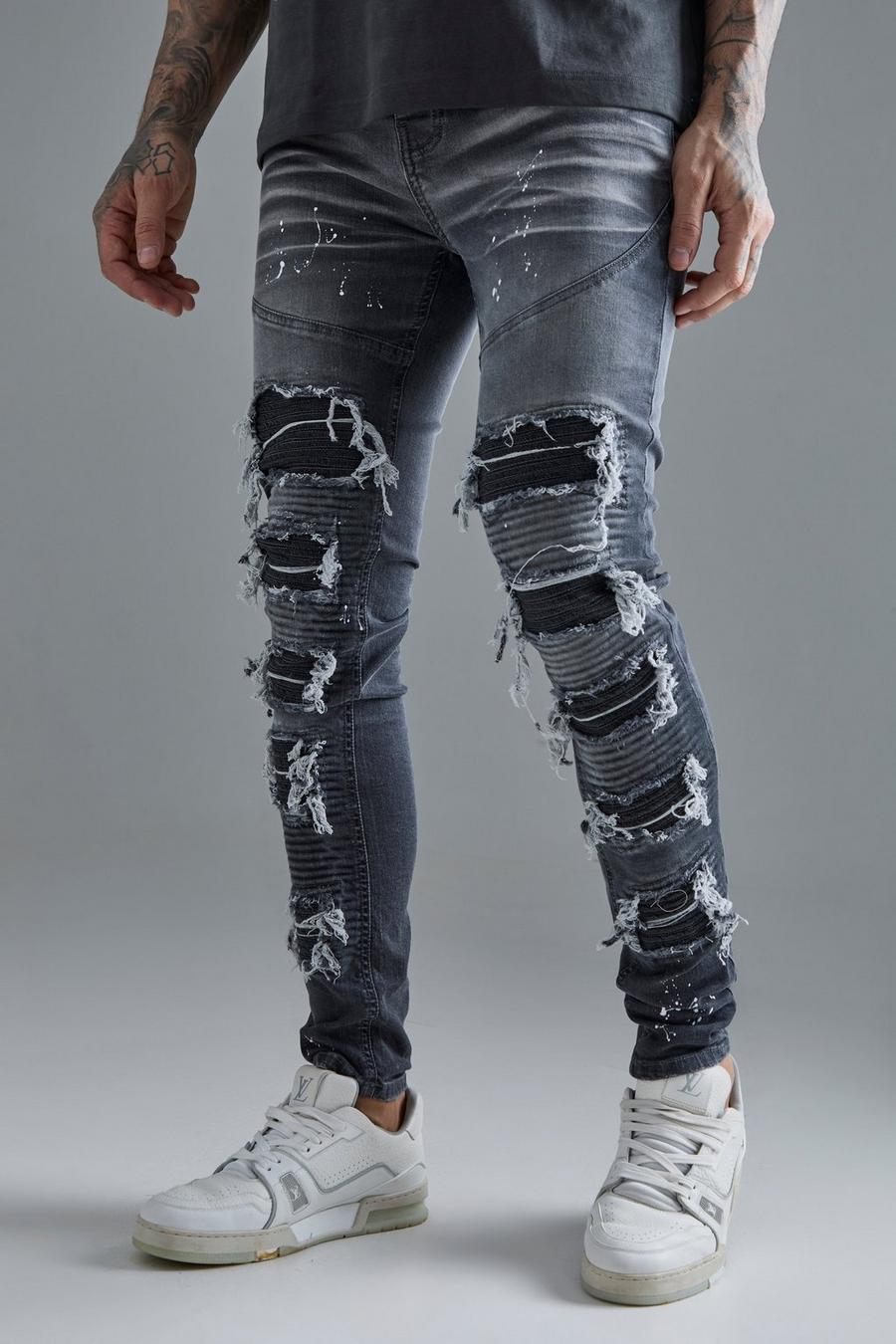 Jeans Tall stile Biker Super Skinny Fit in PU con strappi & rattoppi e schizzi di colore, Grey
