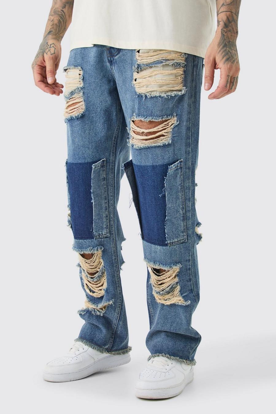 Jeans Tall rilassati in denim rigido effetto smagliato, Antique wash