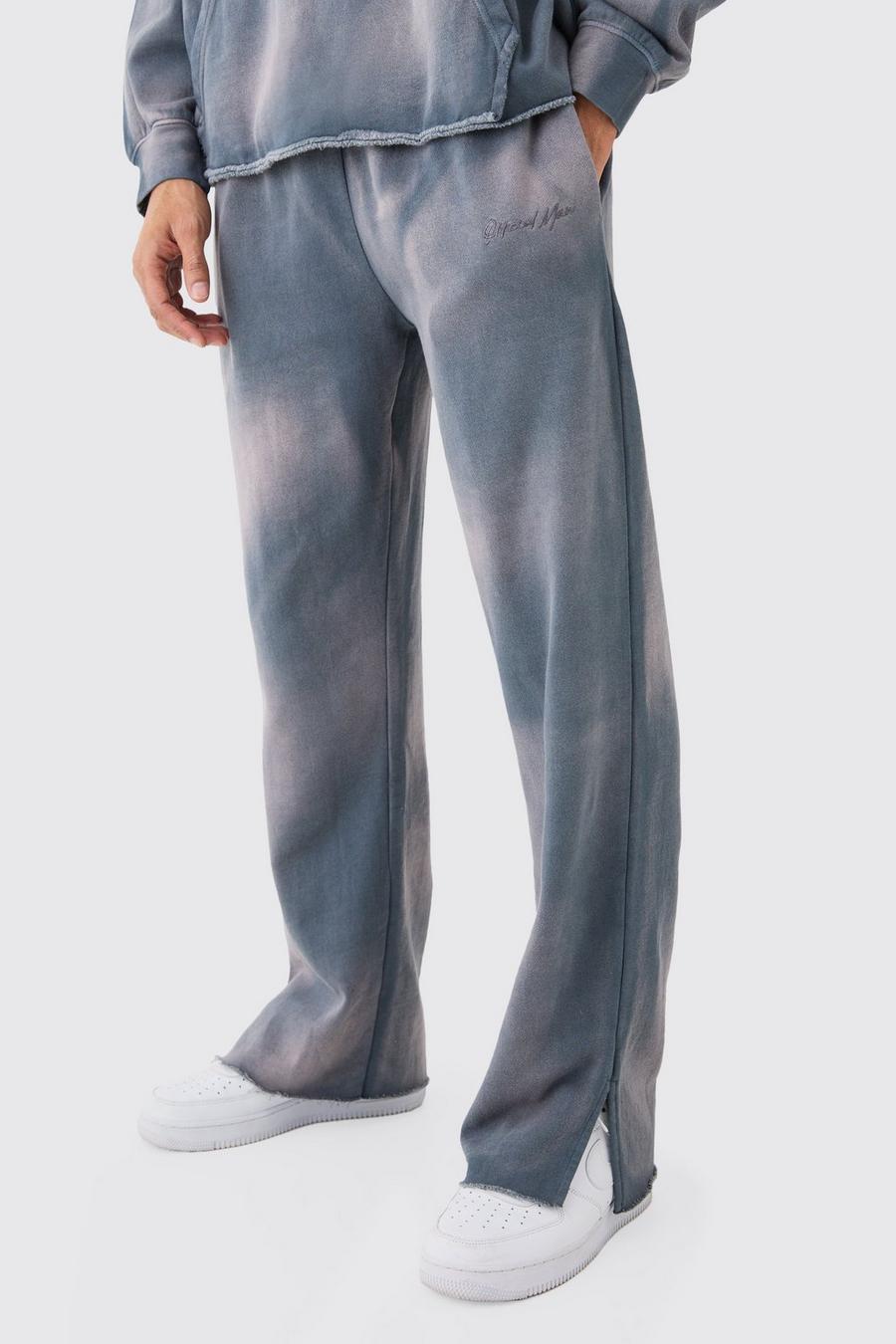 Pantaloni tuta oversize in lavaggio candeggiato con ricami Man e spacco sul fondo, Charcoal
