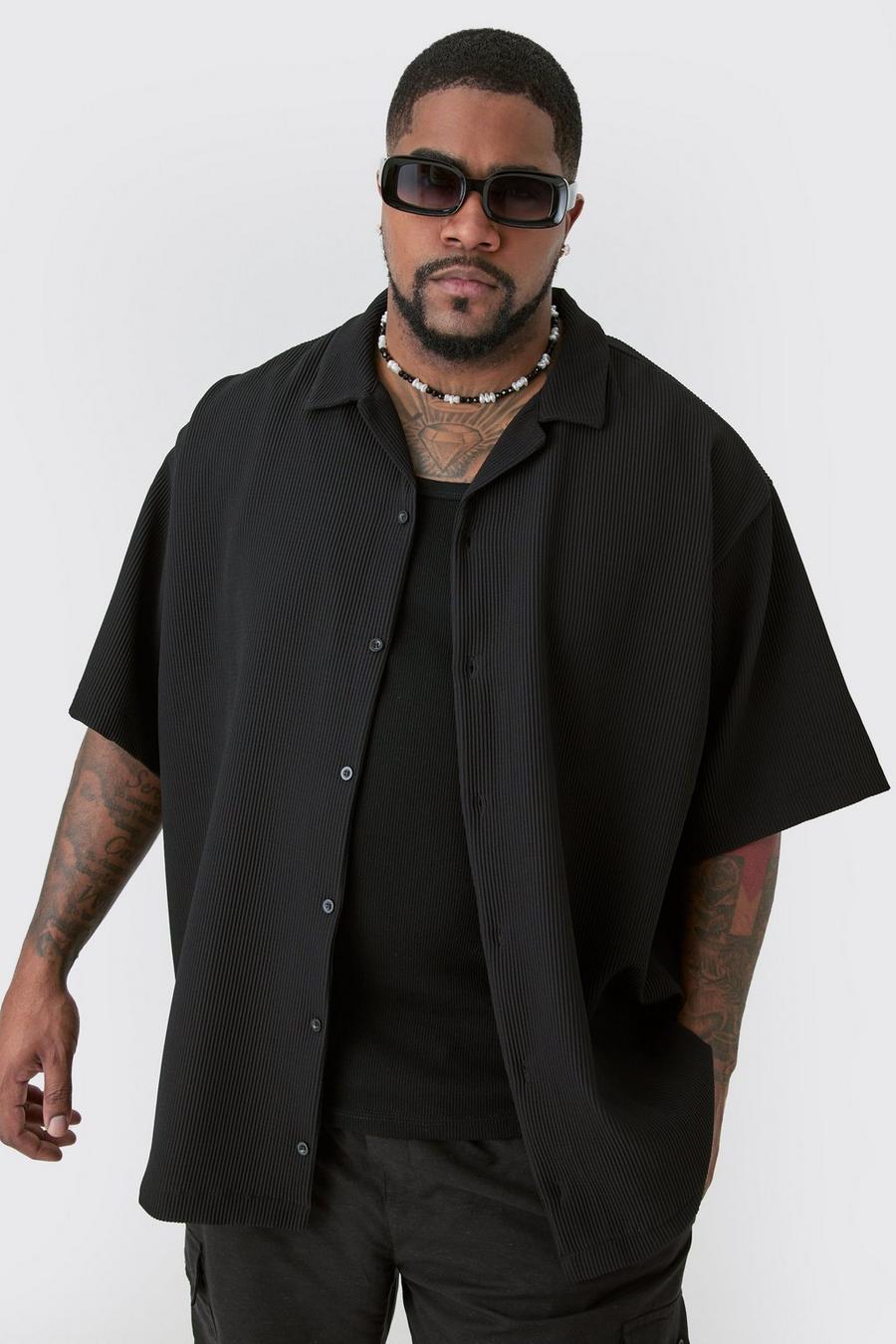 Camicia Plus Size oversize a maniche corte con pieghe e rever, Black image number 1