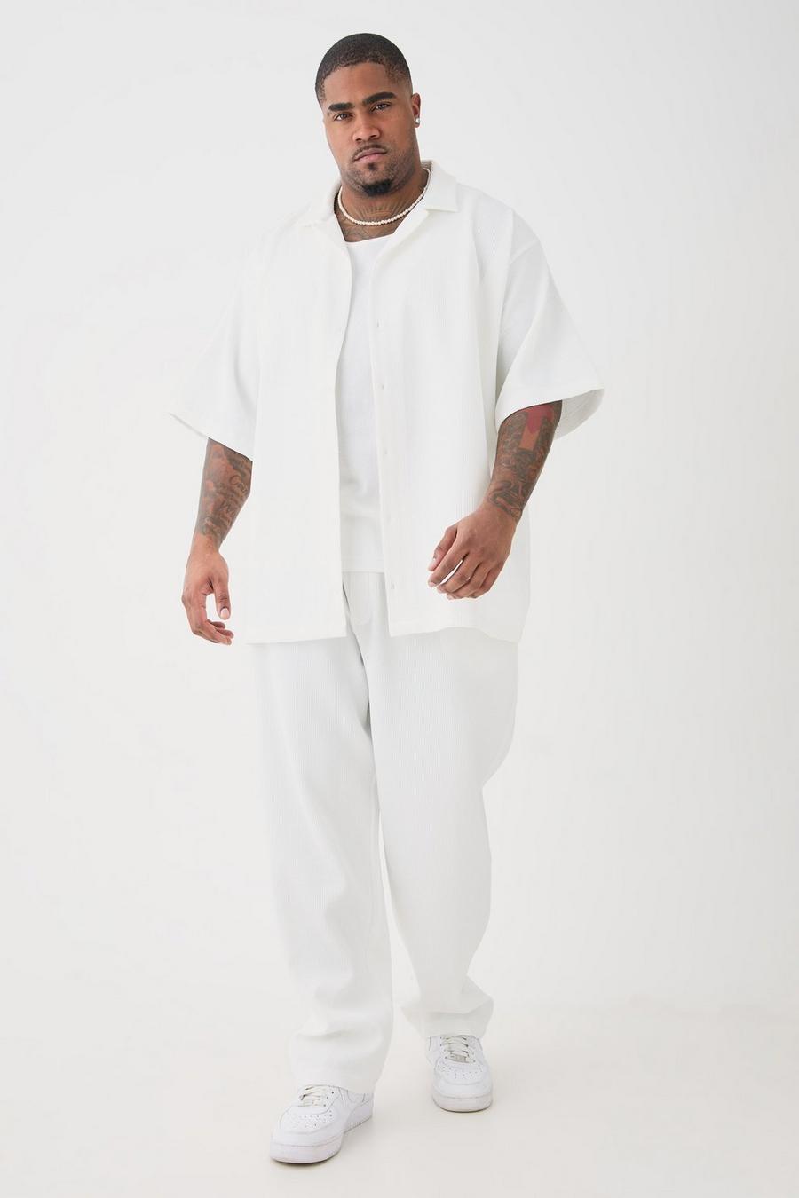 Grande taille - Ensemble avec chemise oversize plissée à manches courtes et pantalon, White