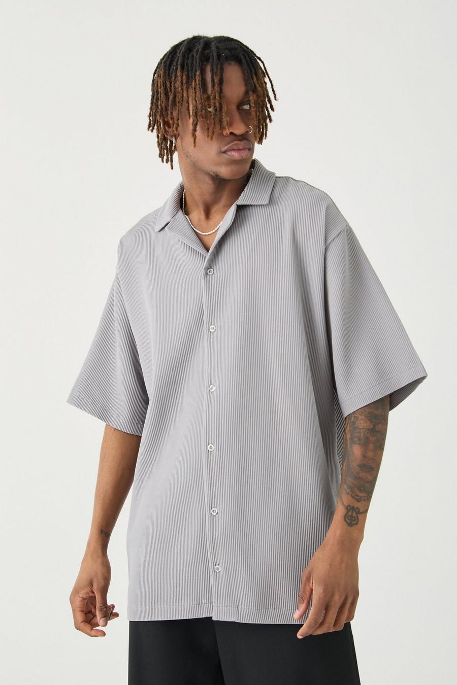 Grey Tall Short Sleeve Pleated Oversized Shirt image number 1