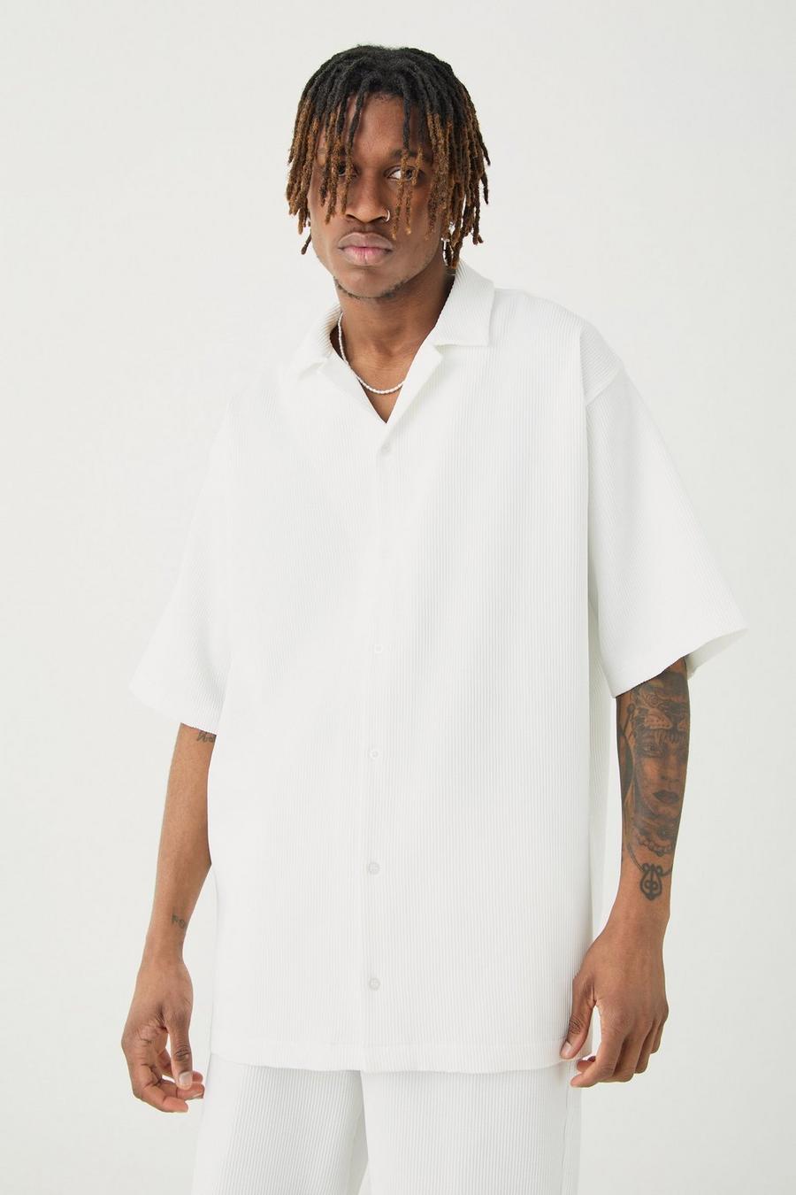 White Tall Short Sleeve Revere Oversized Pleated Shirt image number 1