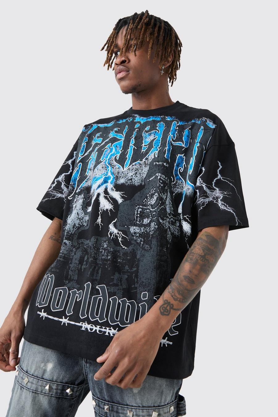 Black Tall Oversized Official Gravestone T-Shirt Met Print image number 1