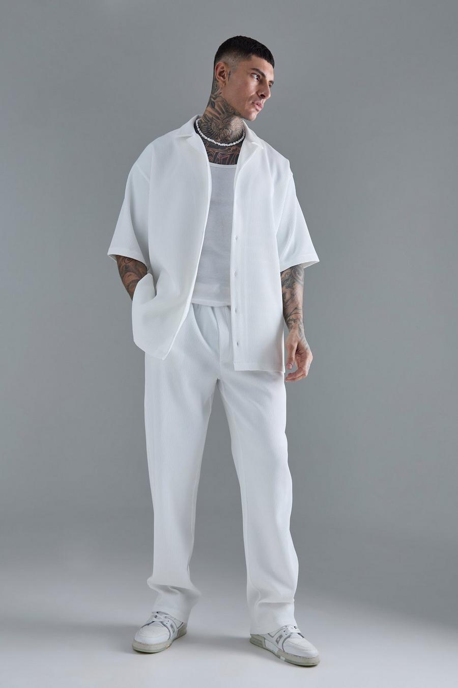 White Tall Oversized Short Sleeve Pleated Shirt & Straight Trouser image number 1